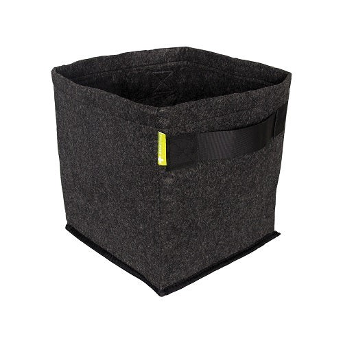 Pot textile anthracite à base carrée avec une poignée latérale visible