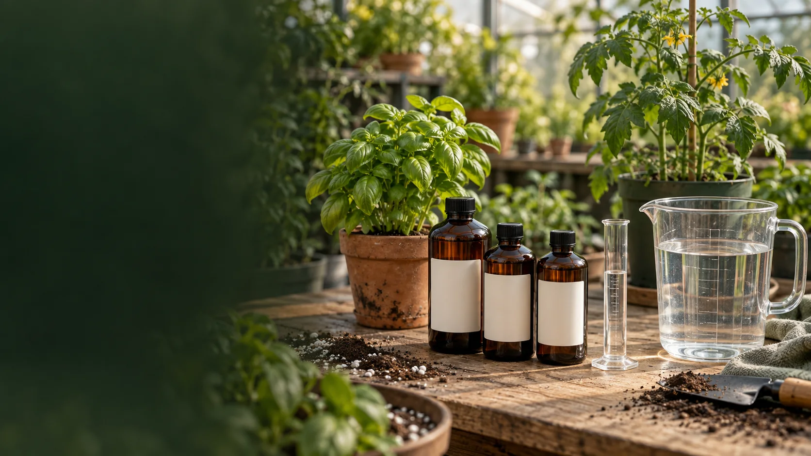 Illustration d’une préparation d’arrosage avec récipient d’eau, éprouvette et plantes en pots